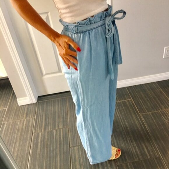 Angela Mara Lyocell denim blue paperbag tie up waist pants size xs - Picture 4 of 10